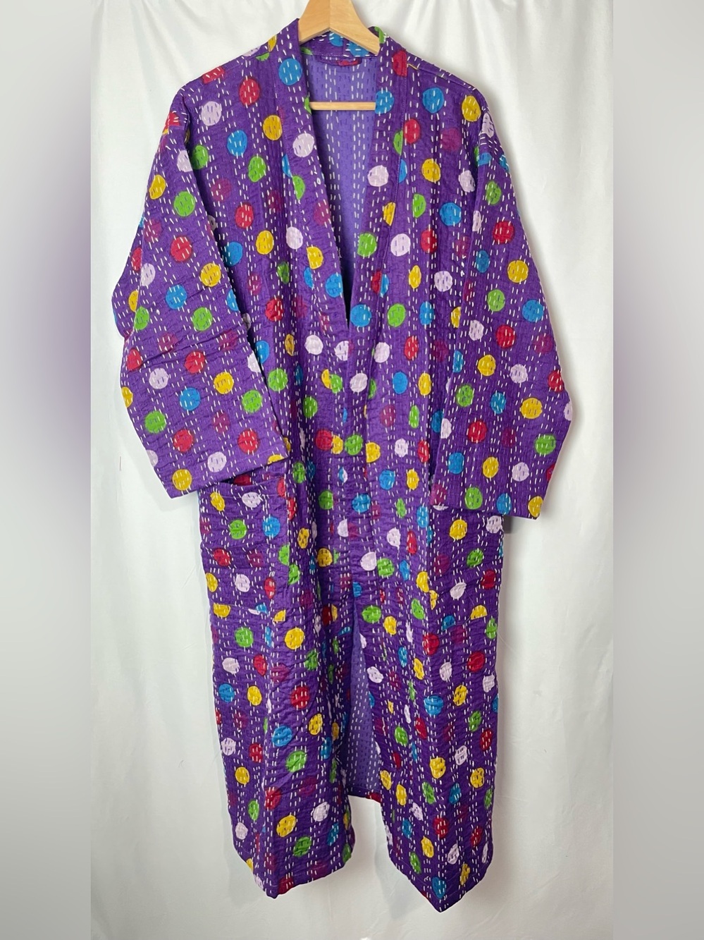 Purple multicolor dot Multicolor Kantha Robe Cotton Kimono Boho Black One Size
